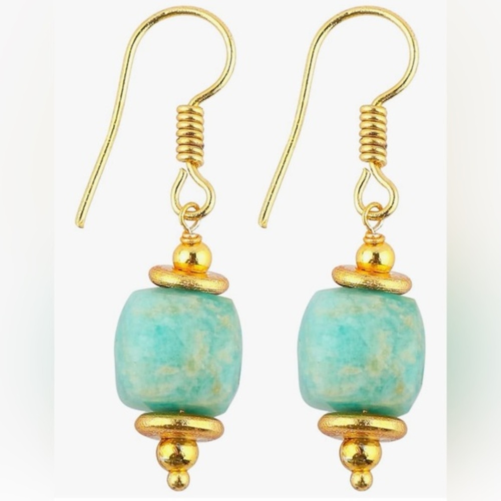 NJ Craft Gorgeous Amazonite and Gold Tone Natural Stone Earrings! New in Box!